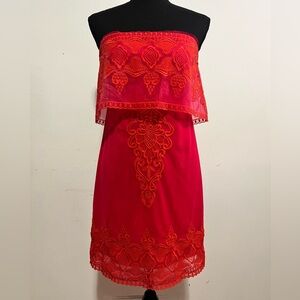 BCBGMaxazria 2 Mayela Red Strapless 100% Silk Embroidered Boho Fairy Mini Dress